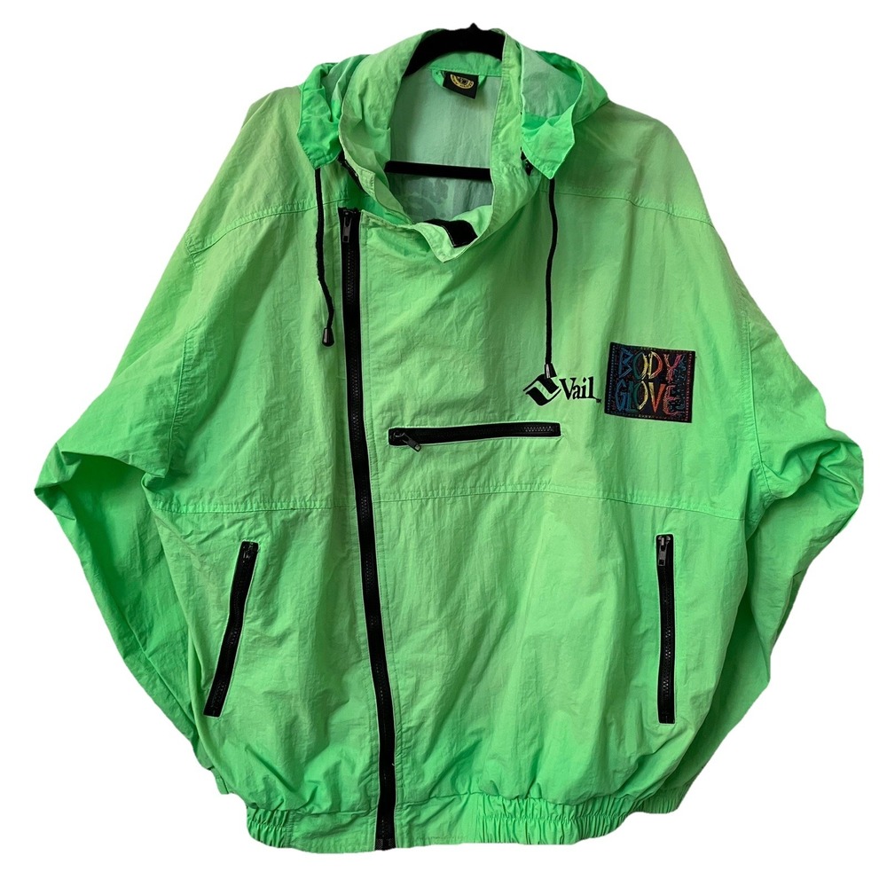 Vintage Body Glove Vail Neon Green Asymmetrical Zip Windbreaker Jacket Mens XL